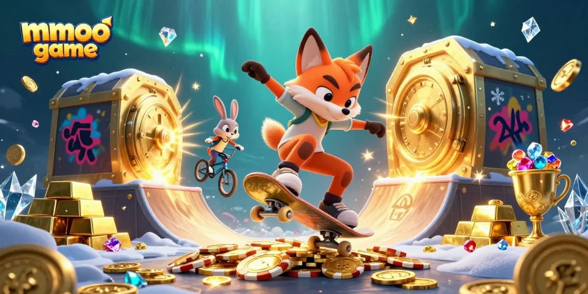 Experience the excitement of mmoo game with a vibrant 3D casino scene featuring illuminated treasures and animated characters.