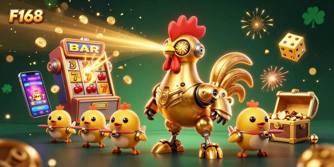 F168 delivers excitement with a golden rooster robot and baby drone chicks celebrating a jackpot explosion.