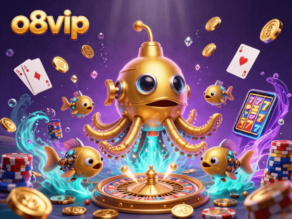 Experience the excitement with o8vip featuring vibrant 3D casino elements, a kraken submarine, and a roulette wheel.