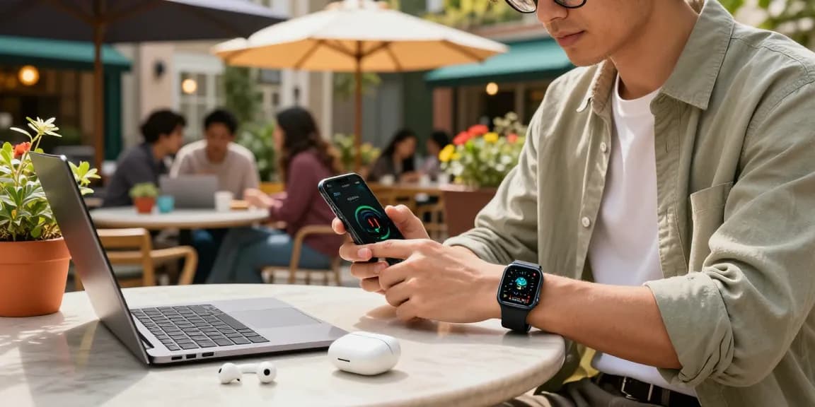 Stylish individual analyzing smart ring data outdoors at a café, showcasing tech integration in daily life.
