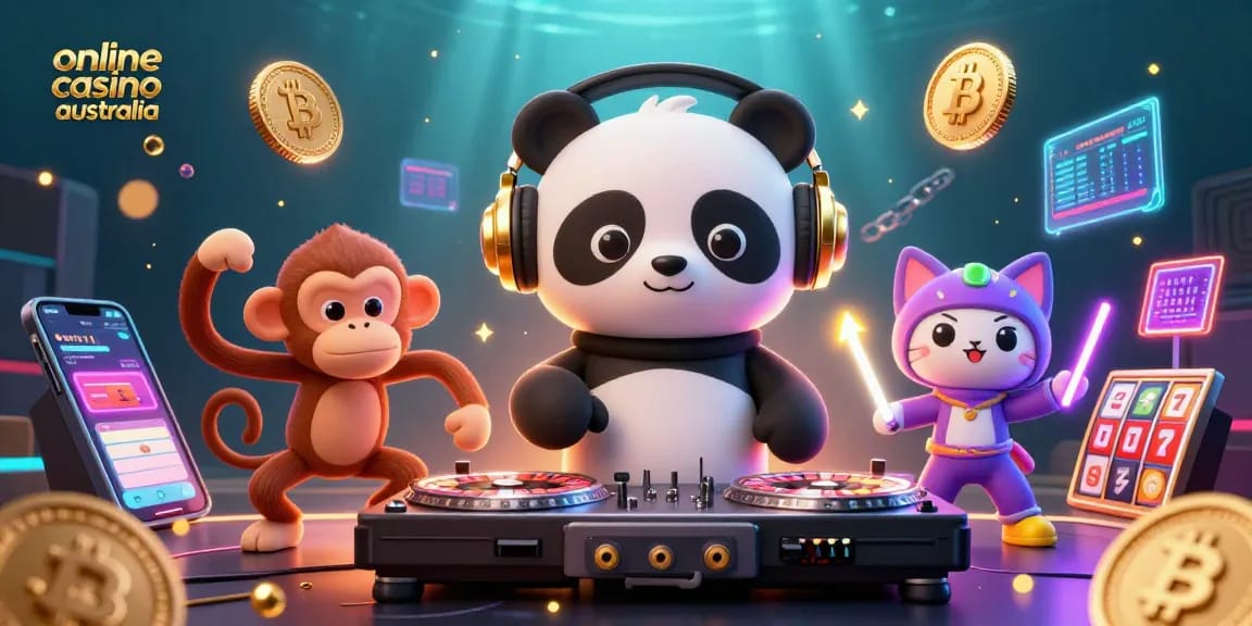 Experience the excitement of online casino Australia with a vibrant 3D illustration featuring a DJ panda and more.