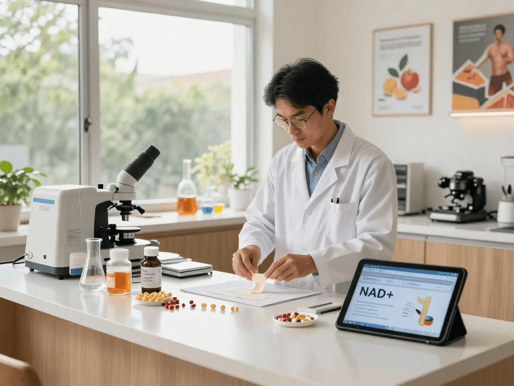 NAD+ Benefits highlighted in modern health lab, scientist preparing Buccal Strips.