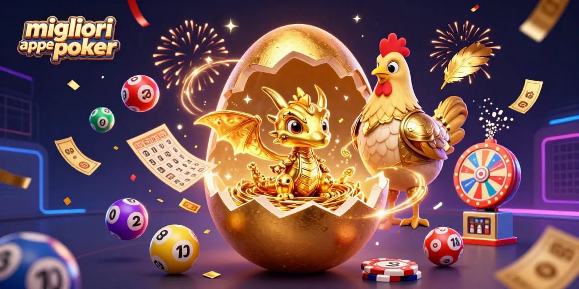 Migliori app per poker: illustrazione di un drago d'oro in un ambiente di gioco con fiches e palline della lotteria.