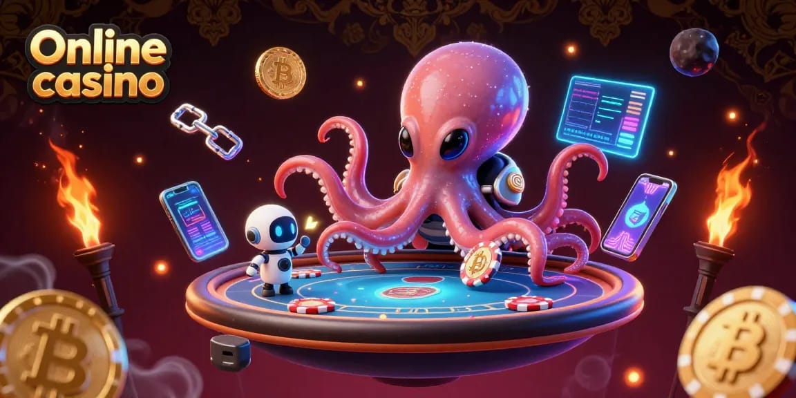 Experience exciting gameplay at our Online casino with a vibrant alien octopus hosting a holographic poker table.