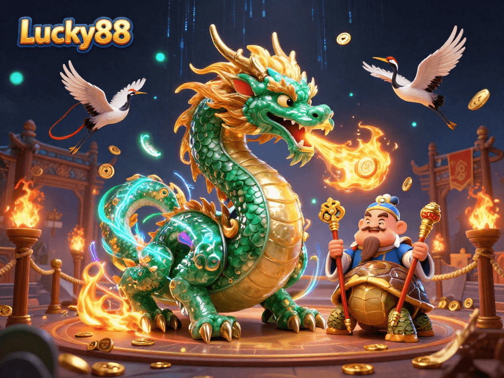Experience Lucky88 with an epic scene featuring a jade dragon and slot reels.