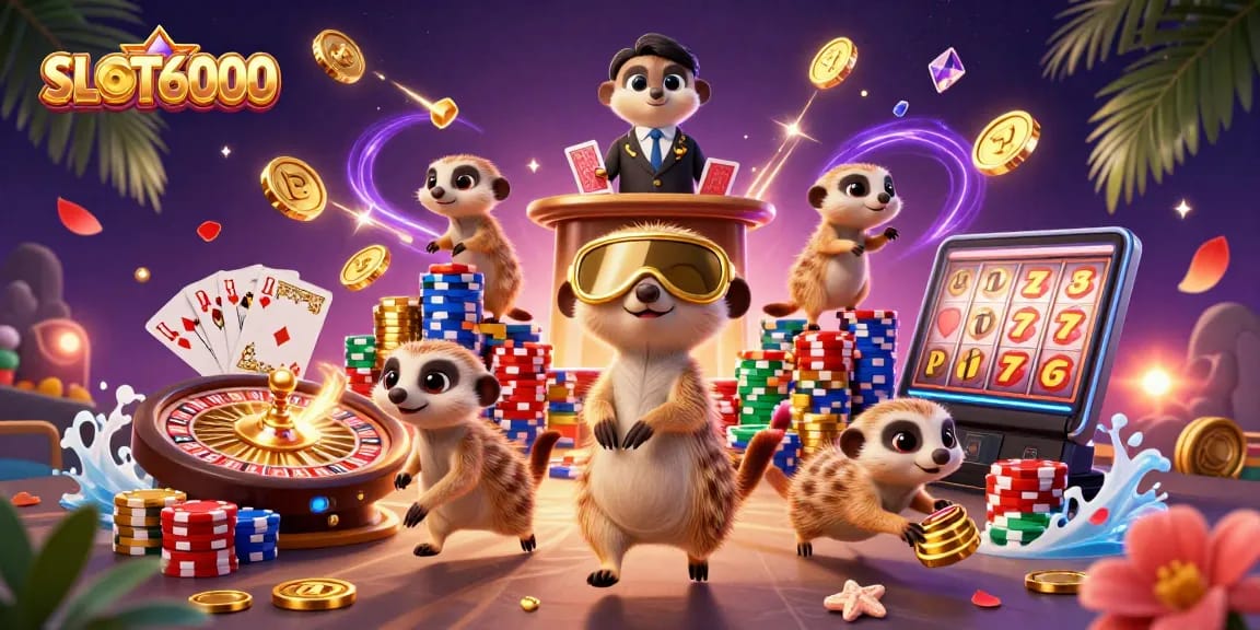 Watch the SLOT6000 meerkats manage an exciting casino experience with vibrant visuals.