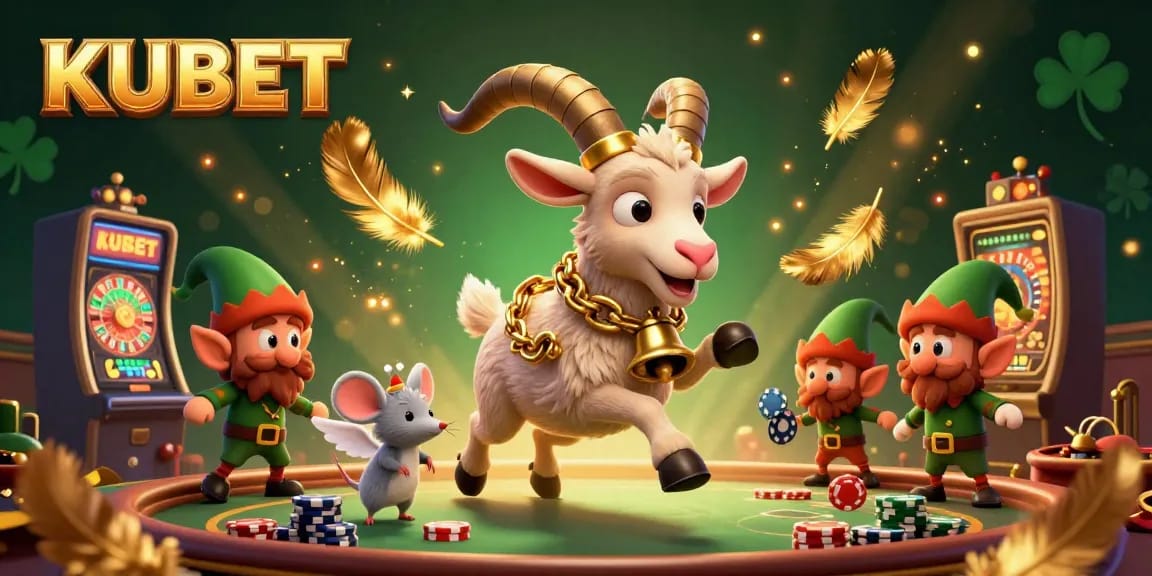 KUBET showcases a vibrant and dynamic casino scene featuring a festive Krampus goat and playful gremlins around poker chips.