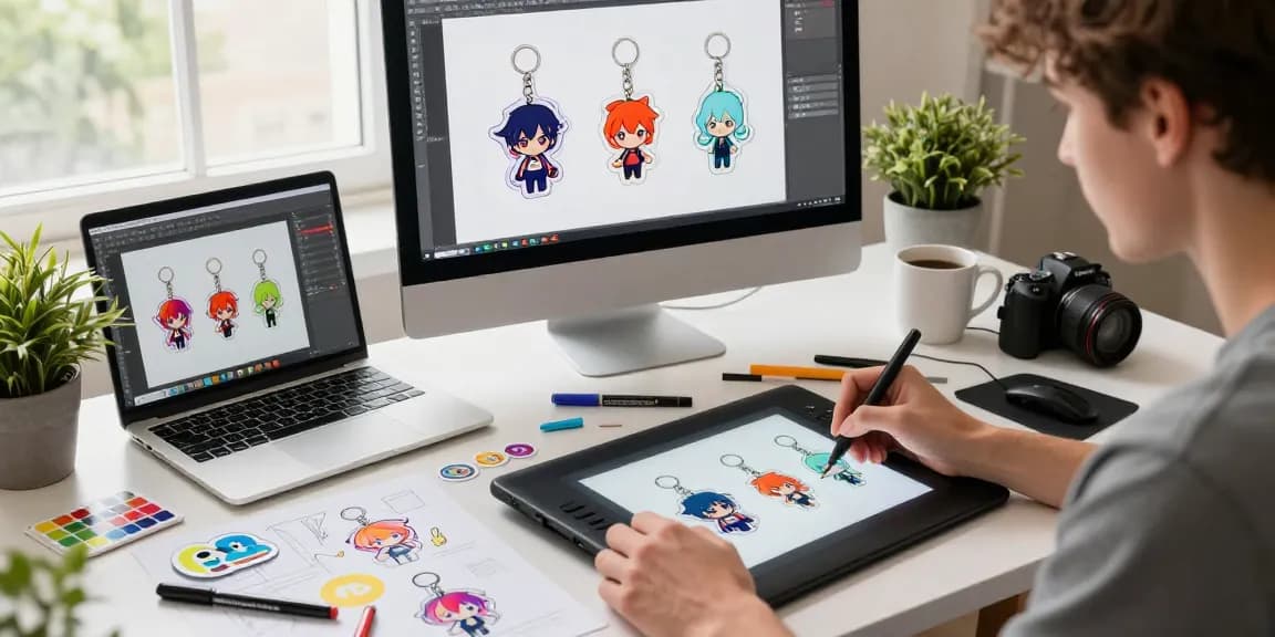 Custom acrylic keychain designs created by a designer in a vibrant workspace.