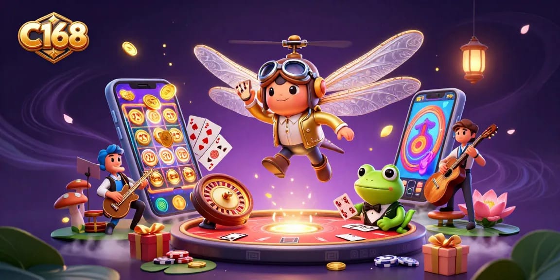 Experience C168's captivating casino atmosphere with a vibrant dragonfly pilot and card-dealing frog.