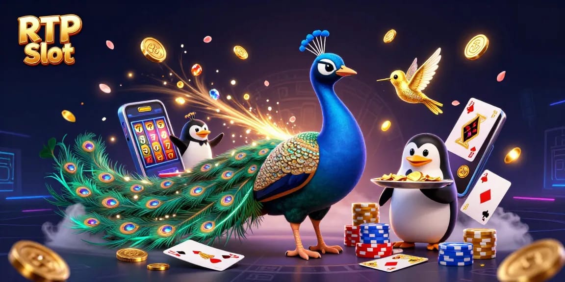 Experience RTP Slot dynamics with a colorful casino scene featuring a peacock and gaming elements.