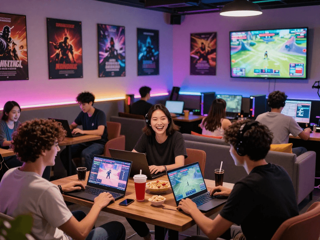 Engaged players enjoying popular porn games in a lively gaming lounge atmosphere.