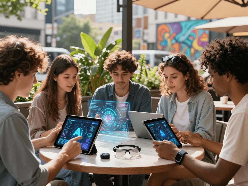Youth interacting with 18+ ai technology in a modern urban café setting, showcasing tech gadgets and vibrant atmosphere.