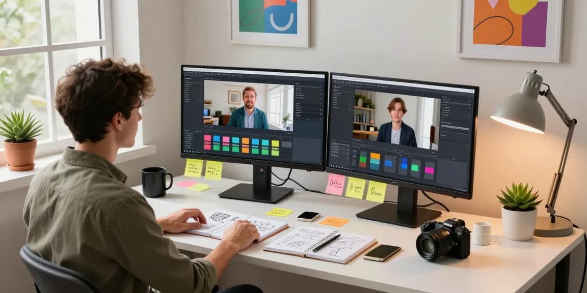 UX researcher analyzing video to prompt technology in a modern workspace filled with dual monitors and creativity.