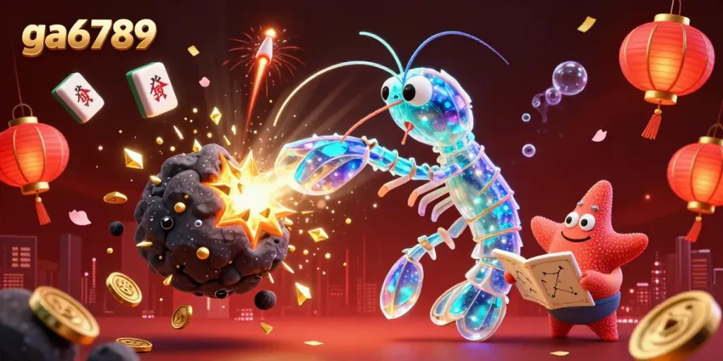 Experience thrilling gambling action with ga6789 as a galactic mantis shrimp punches through jewels amidst festive decorations.