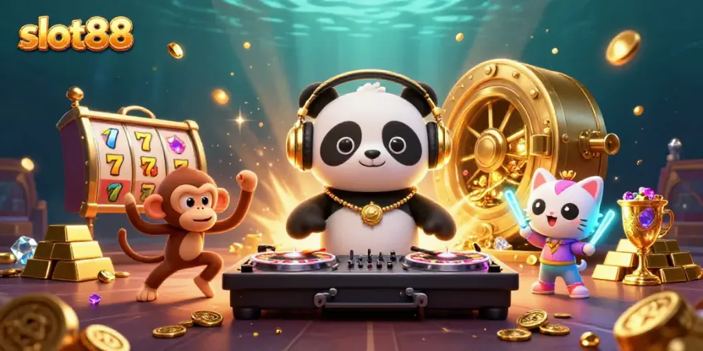 Gambirlah slot88 dengan panda DJ, monyet breakdance, dan anak kucing di latar kasino yang penuh harta karun.