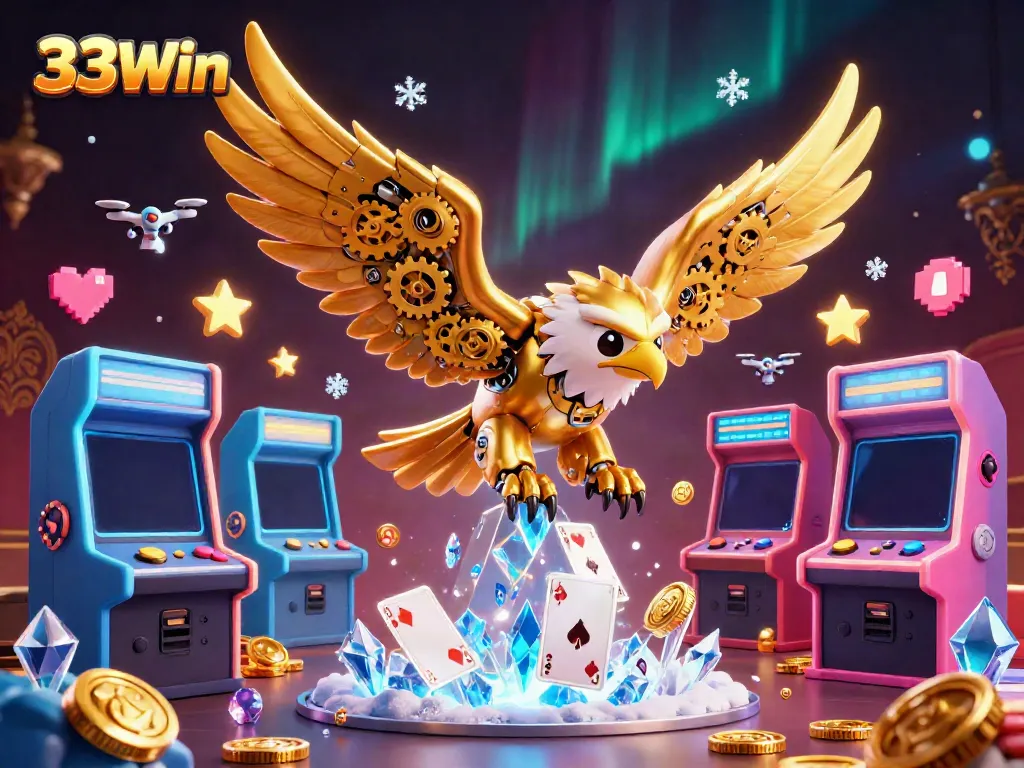 Experience the thrill of 33Win with captivating holographic playing cards and a powerful golden eagle.