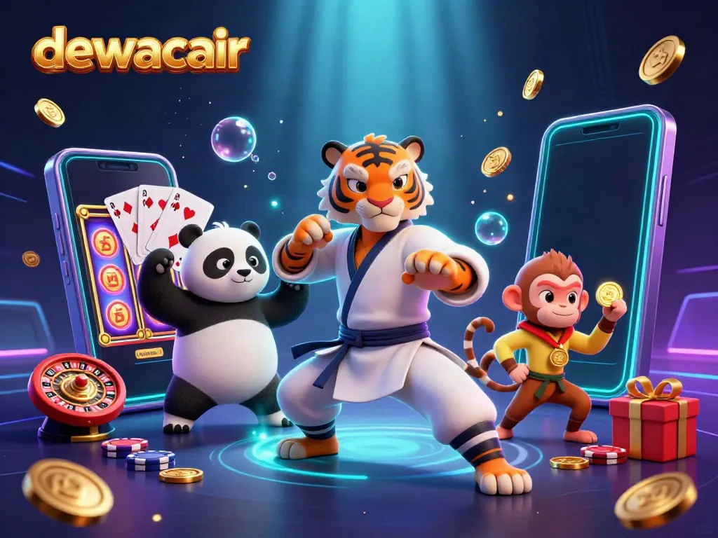 Dewacair players celebrate winning around colorful slot games with dynamic casino elements.