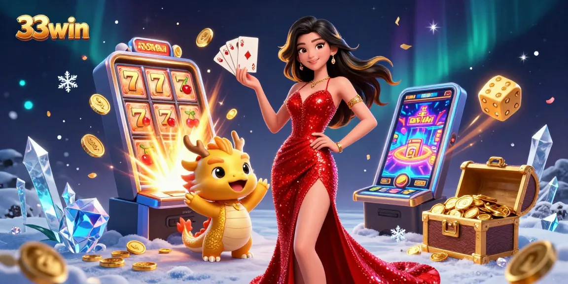 Win at 33win with a glamorous Asian woman and a playful golden dragon in a vibrant casino scene.
