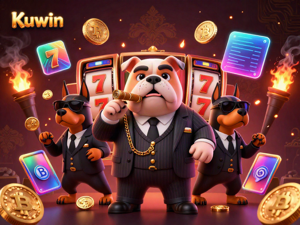 Kuwin showcases a mafia dog boss surrounded by slot elements and cryptocurrency in an exciting casino scene.