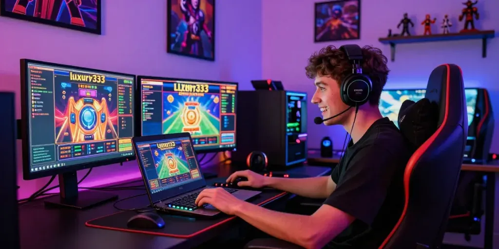 Player enjoying the luxury333 online slot game with vibrant gaming setup and neon lights.