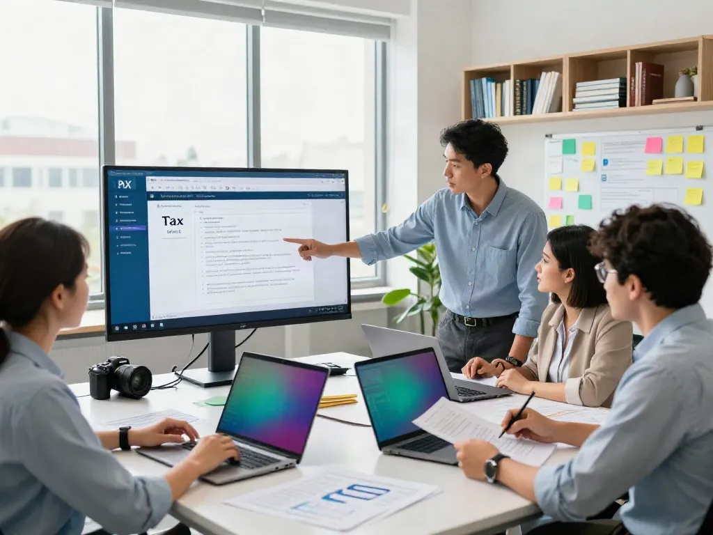 Team collaborating on branded professional tax software in a modern office.