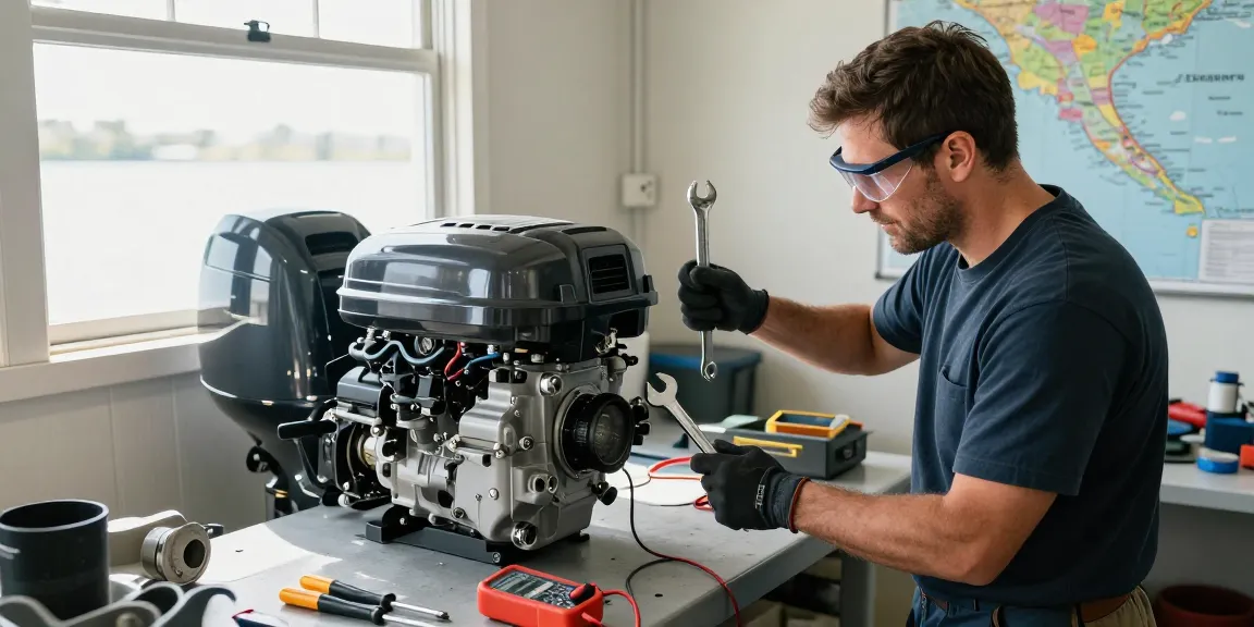 Technician inspecting a used outboard engine USA with tools, showcasing professional maintenance.