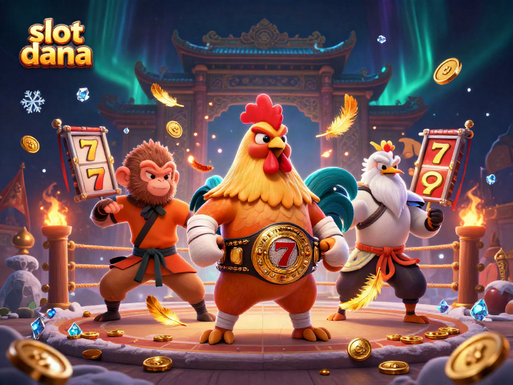 Menangkan slot dana dengan ilustrasi 3D karakter memenangkan jackpot di arena berapi-api.