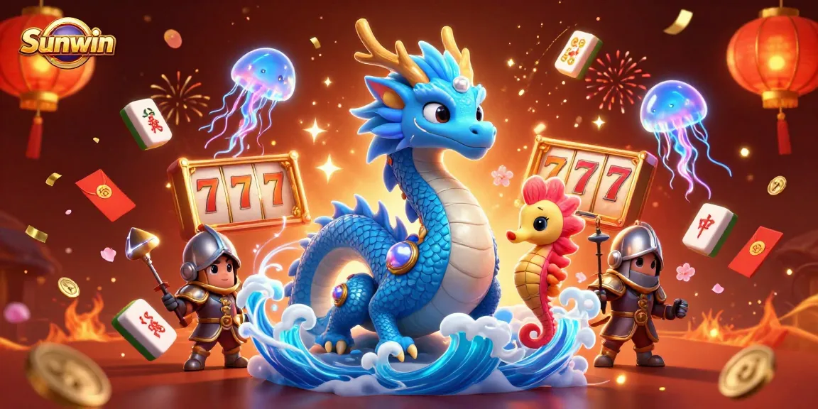 Experience excitement with Sunwin's slot games featuring a dragon, seahorse knight, and dynamic elements.