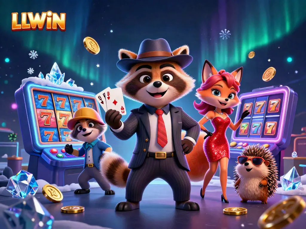 Experience the thrilling world of LLWIN with our suave raccoon holding a royal flush amidst slot games and vibrant bokeh lights.