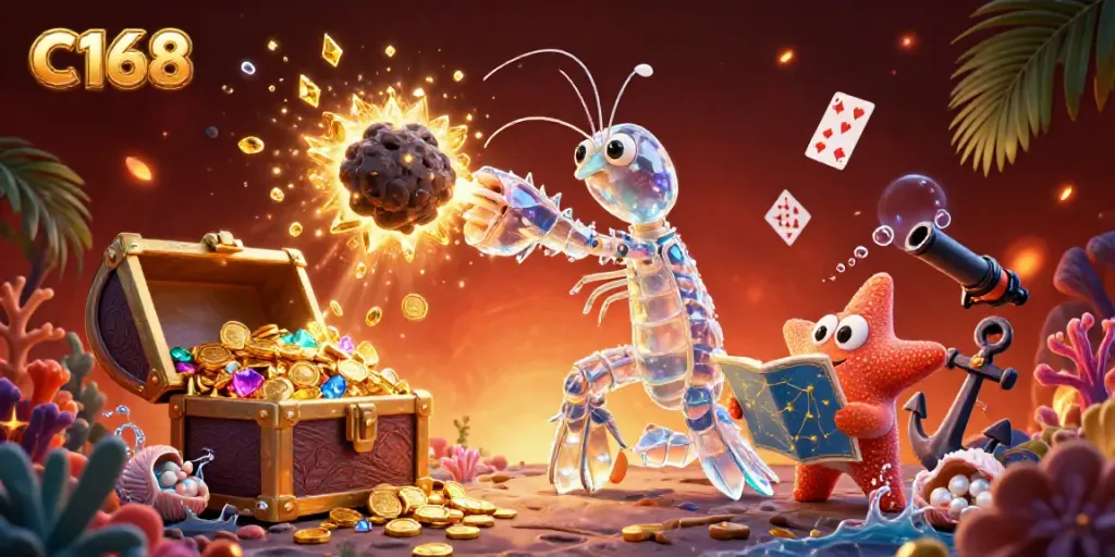 C168 online casino illustration featuring a galactic shrimp character amidst an explosion of gems and coins.