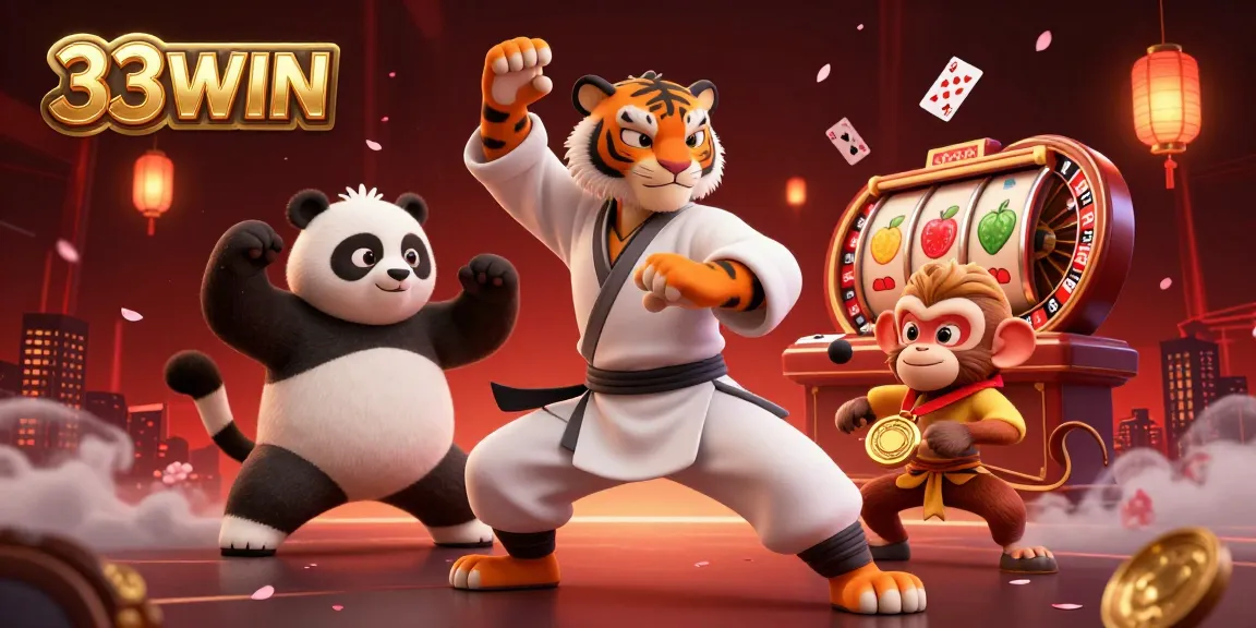 Experience the excitement of 33WIN with a vibrant scene featuring a kung fu tiger and playful characters thriving amidst casino-themed elements.