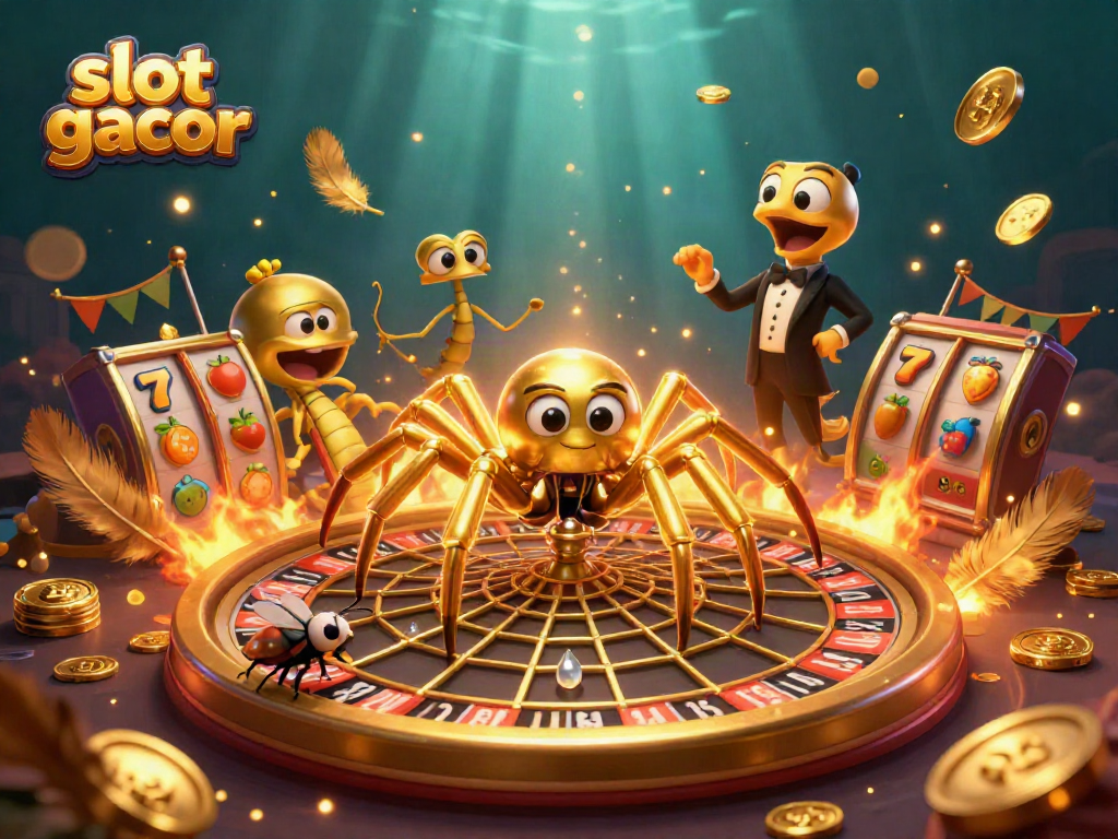 Slot gacor dalam ilustrasi 3D menampilkan laba-laba emas memutar web roulette dengan simbol slot yang berkilau.