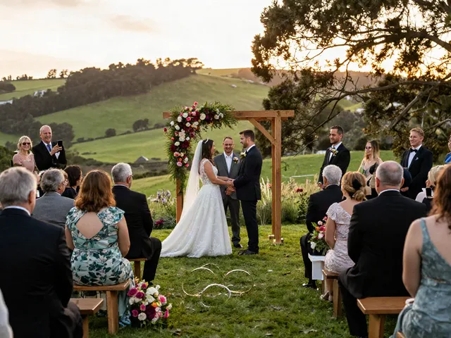 Documentary wedding photographer in Dunedin capturing a couple exchanging vows at sunset with emotional guests.