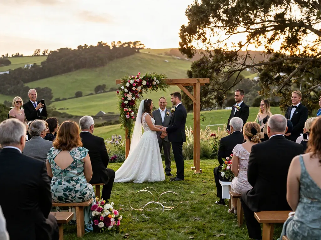 Documentary wedding photographer in Dunedin capturing a couple exchanging vows at sunset with emotional guests.