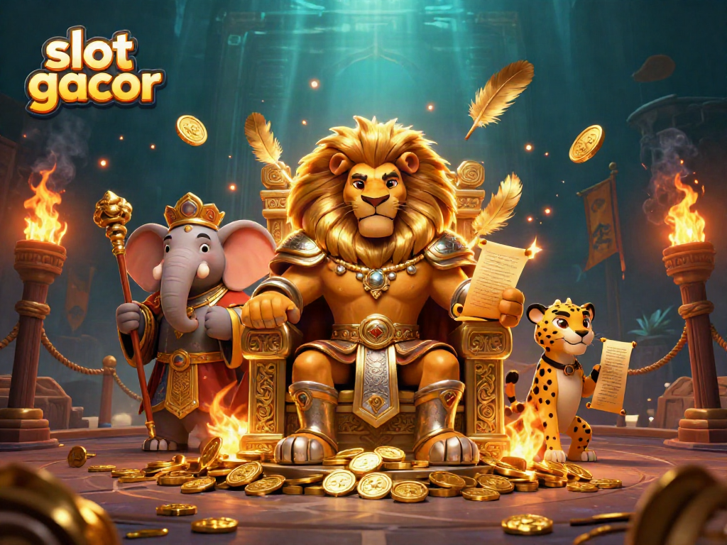 Experience the excitement of slot gacor with a king lion, advisor elephant, and messenger cheetah in a dynamic casino scene.