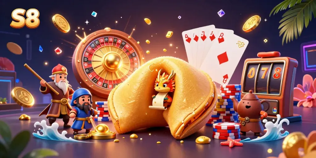 S8 casino adventure with golden fortune elements, dynamic games, and rich details.