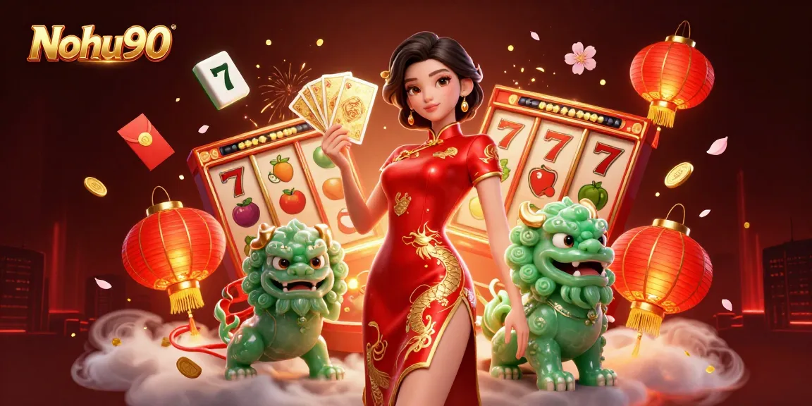 Nohu90 immersive slot gaming scene with a woman in qipao and lucky symbols