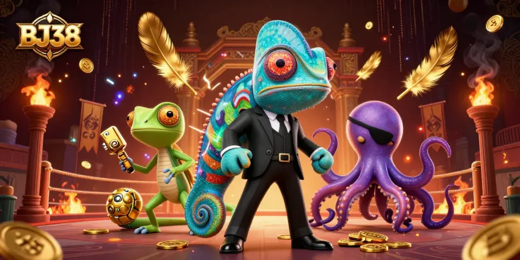 BJ38 showcases a thrilling cockfighting scene with animated characters and vibrant betting tokens.