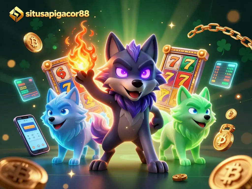 Situsapigacor88 showcases thrilling slot reels and ghostly wolves in a vibrant casino atmosphere.