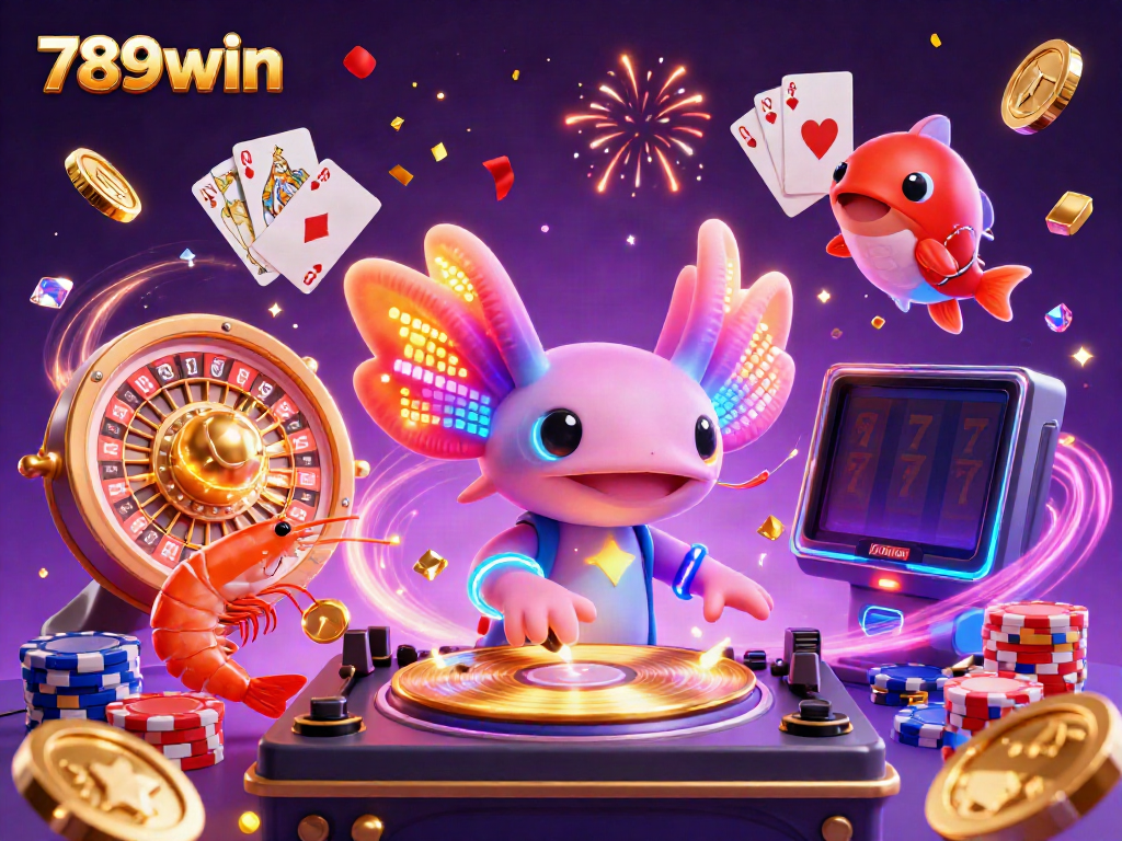 Experience vibrant gaming with a neon axolotl DJ and fun elements at 789win casino.
