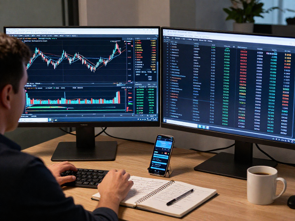 Trader using metatrader 5 software on multiple screens in a modern office environment.