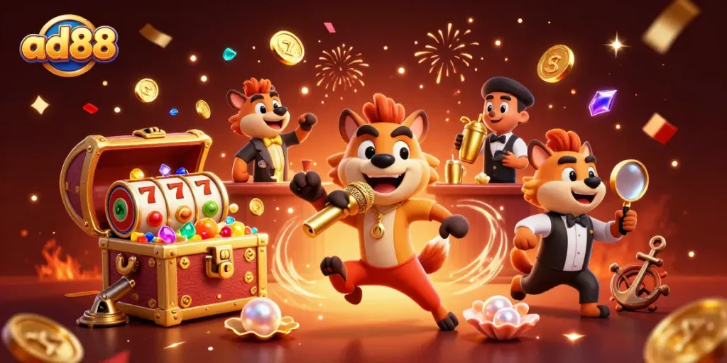 Join the fun at ad88 as hyenas host a lively casino with exciting slot games and vibrant party elements.