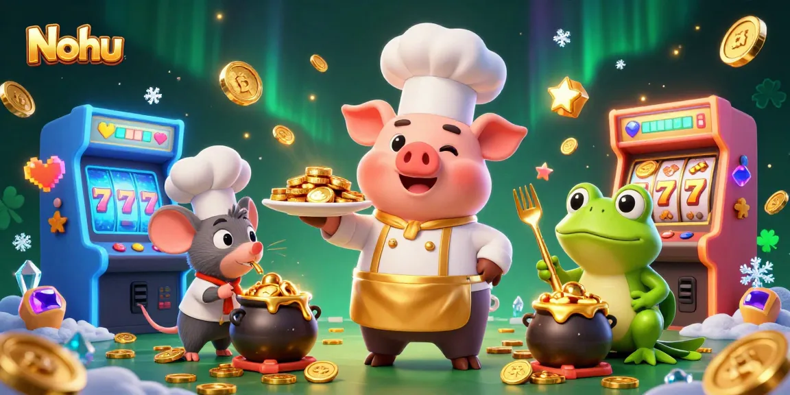 Nohu showcases a dynamic 3D casino scene with fun characters interacting with slot machines and gold coins.