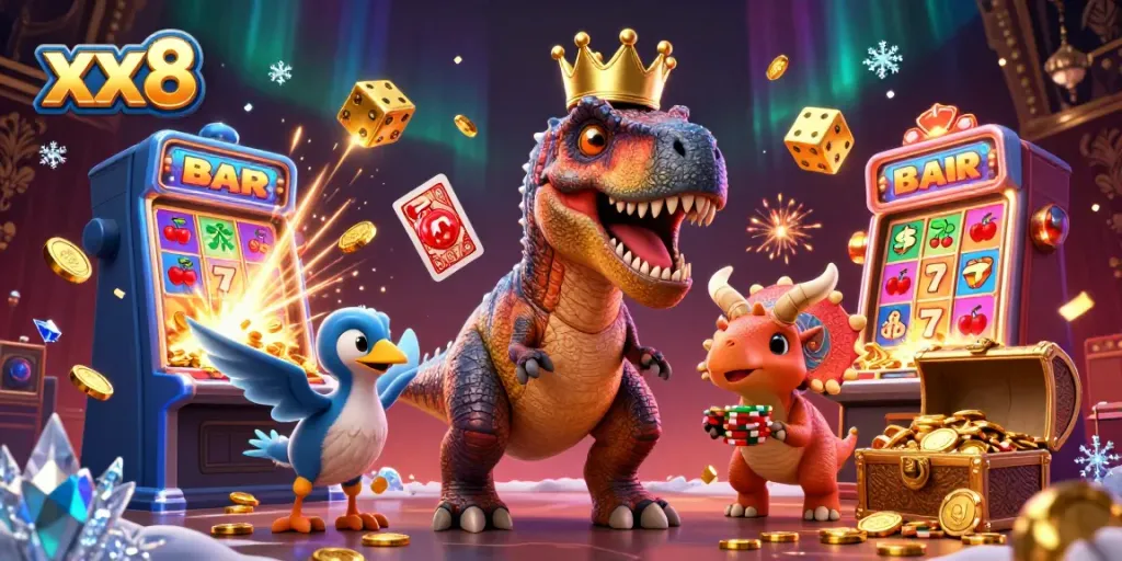 Experience winning moments at xx8 with a T-Rex shuffling cards amidst explosive casino games.