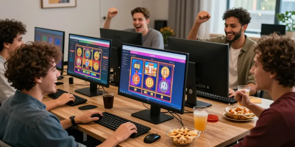 Friends enjoying a lively session playing online slots together in 2026.