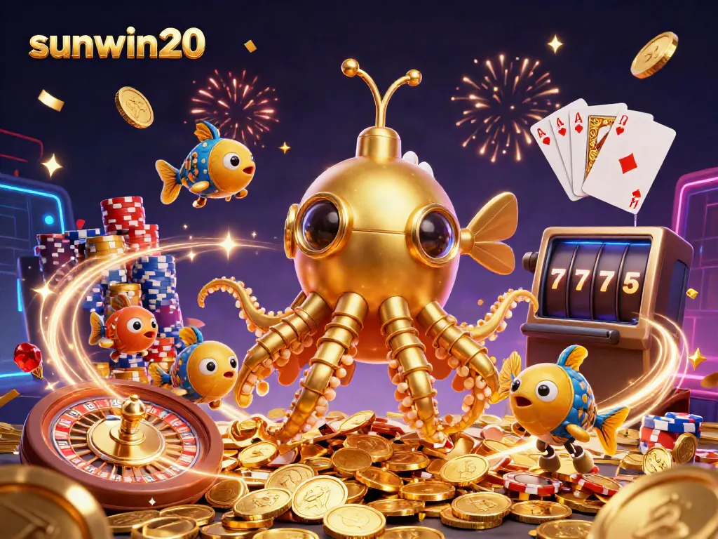 Experience fortune with sunwin20 in this vibrant casino-themed 3D illustration featuring epic game elements.