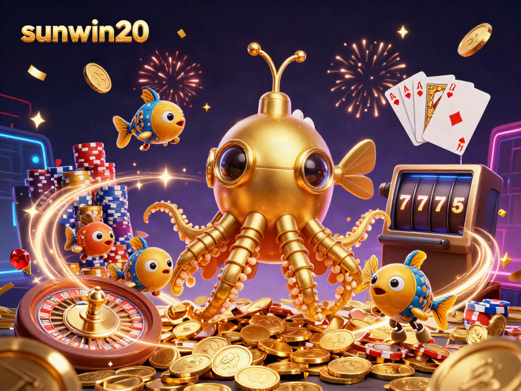 Experience fortune with sunwin20 in this vibrant casino-themed 3D illustration featuring epic game elements.