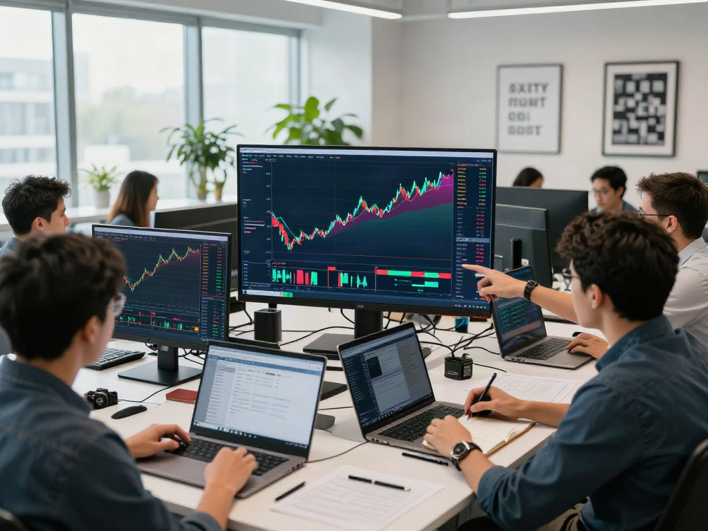 Traders engaged in market analysis with TradingView charts in a bright office
