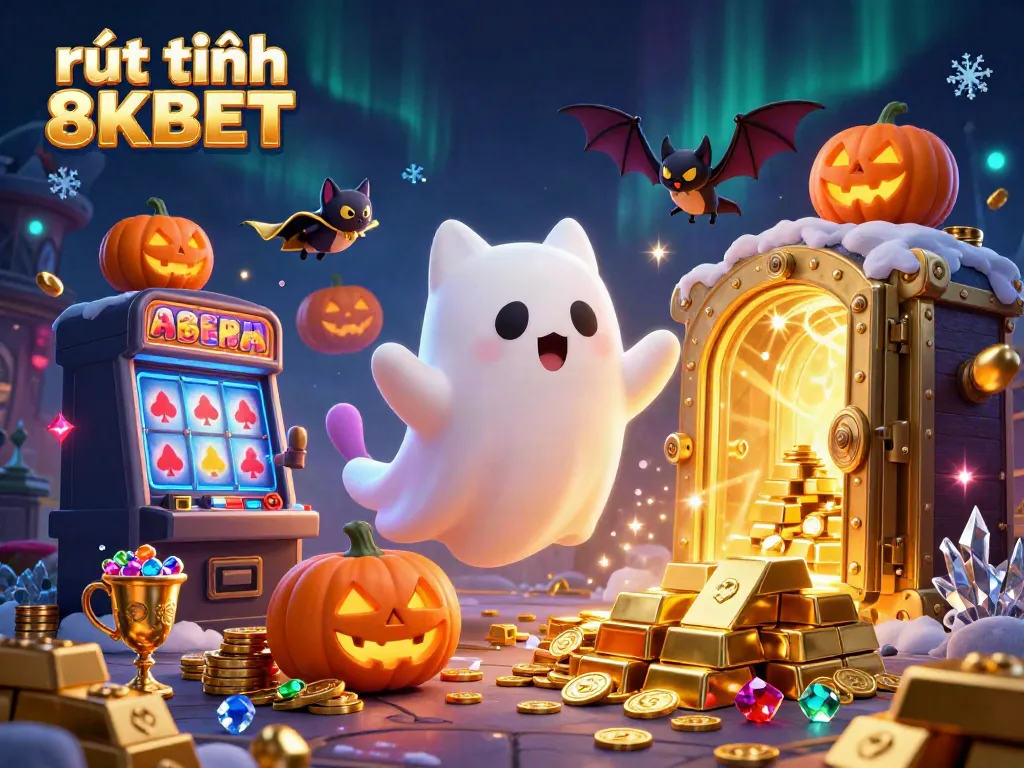 Experience rút tiền 8KBET in a vibrant haunted casino with treasures and mystical characters.