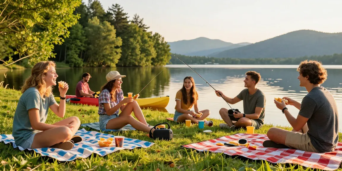 A group of friends enjoying a lakeside outing, capturing the essence of Motchill moments with laughter and relaxation.